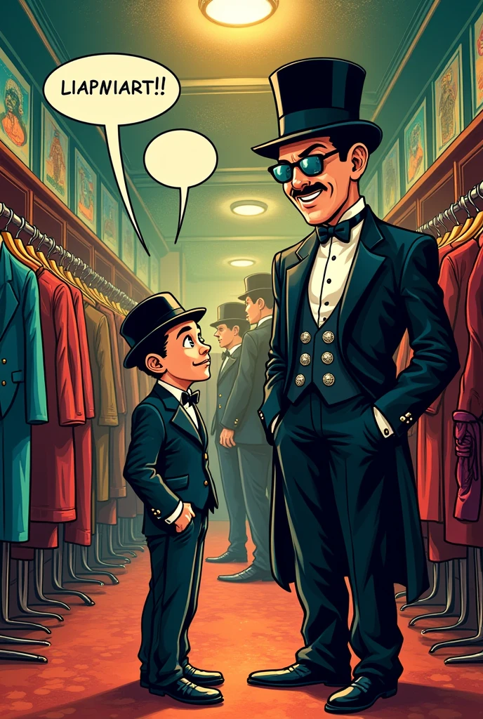 A comic-style vignette of a dressing room where a young Charles Chaplin meets a millionaire man offering him a job