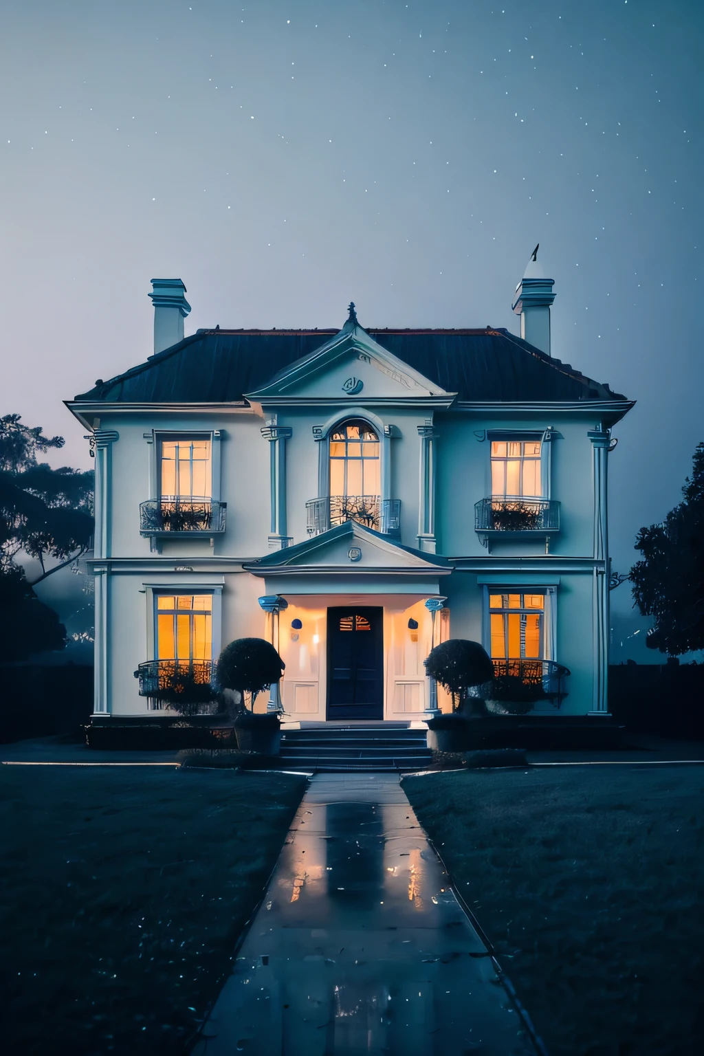 a white dreamy house, retro, foggy, soft focus, year of 1995, cool lighting, muted pastel colors, glowing atmosphere, dramatic shadows, cinematic composition, dream-like quality, ethereal, romantic, soft focus photography, dark blue hour, midnight, windy