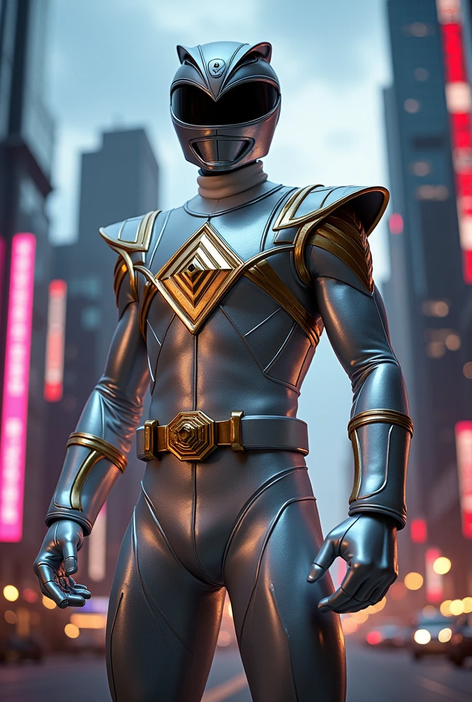 tall person in
silver powerranger suit with a gold diamond pattern a hexagon belt buckel with gold gem a silver helmet no extra on belt no white lines on gloves no red gold gloves