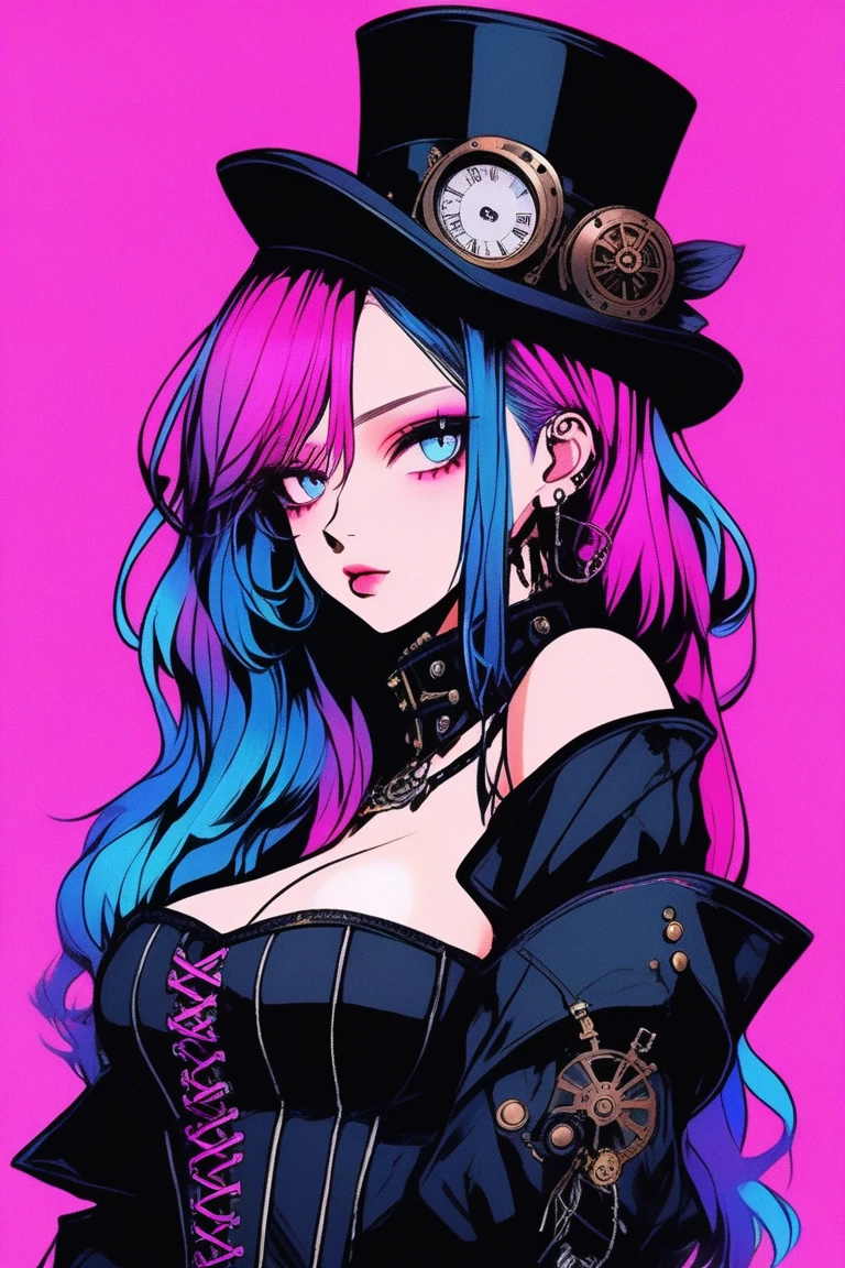 Illustrator, anime , Realistic ,sketch , 1 person, model, Portrait, lip, wearing gothic Steampunk hat, black corset jumper skirt, bare shoulder, order, Blue and pink gradient background, Neon colored hair, Big Breasts, (((Upper Body))), (((look back))), Sexy look, Sexy pose, Texture Trim, Russia, (masterpiece,Highest quality)