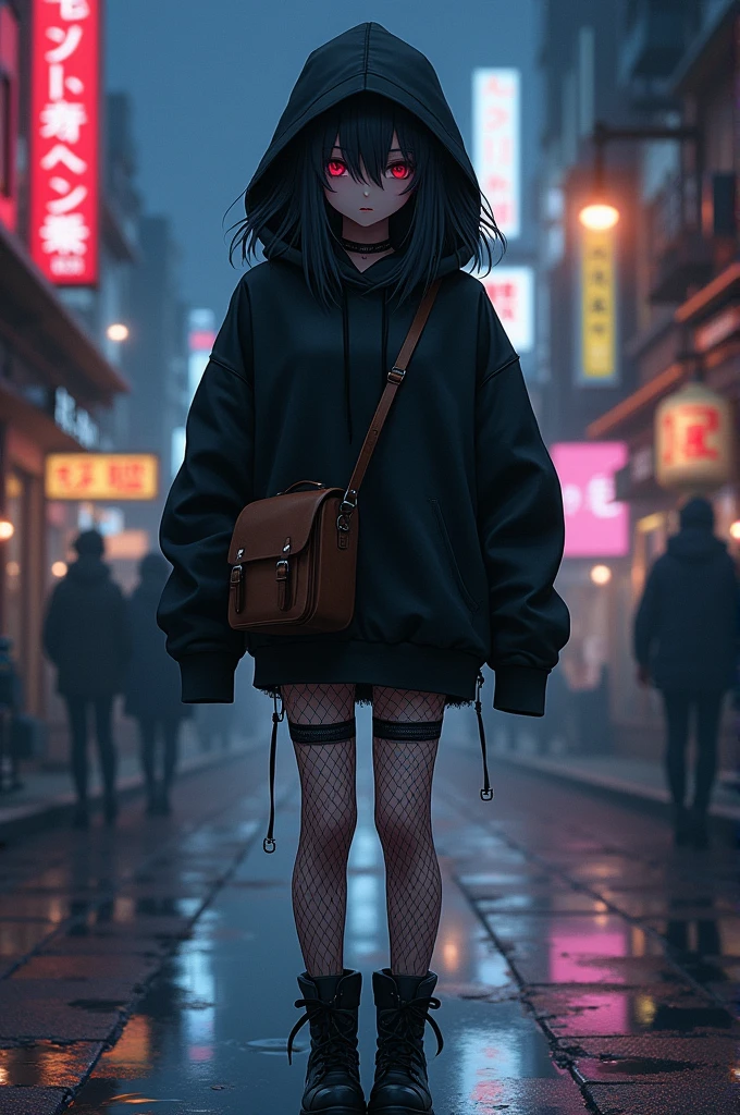 anime girl, black fur, hoodie, fringe, hidden eyes,fishnet pantyhose, black boots, messenger bag,