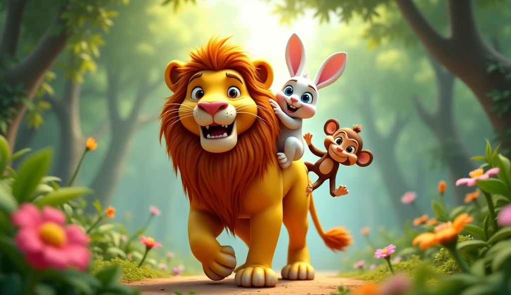 Lion is roaming around in jungle with bunny and monkey on his shoulders 3D cartoon