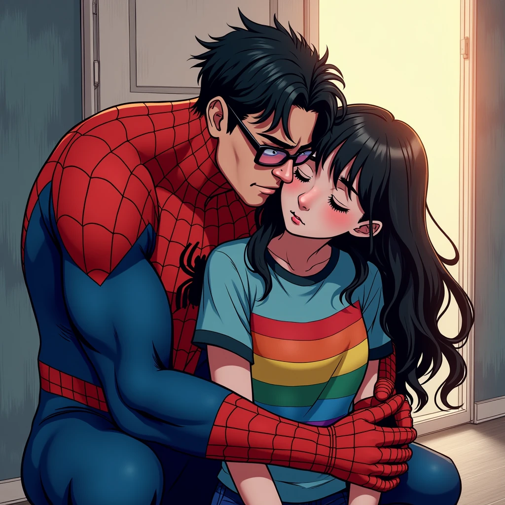 anime art: marvel art style, a masculine 20-year-old male with a big bulge with dark fadeout hair and glasses, wearing spider superhero outfit , he's crouching down behind a sad female wearing lgbt shirt. he's behind her. hugging. He's squatting down behind her