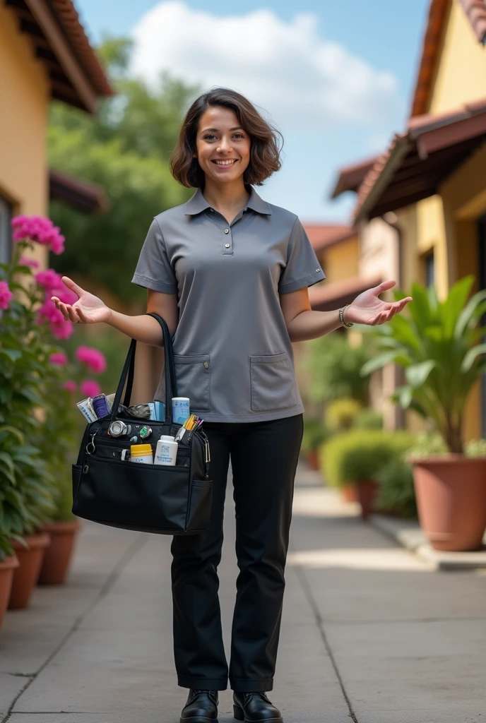 a full-fledged community health nurse dressed with
-Smile as part of the community duty uniform
-Duty Uniform (color gray polo and black pants)
-Black rubber shoes
-Black bag (with stethoscope, bp aparatus, pulse oximeter, alcohol, tape measure, sticker with control number, pen)
-Black watch
-Clipboard and community assessment tool
-Open hands as a symbol of patience and integrity
-Heart with fire as a symbol of passion for community service