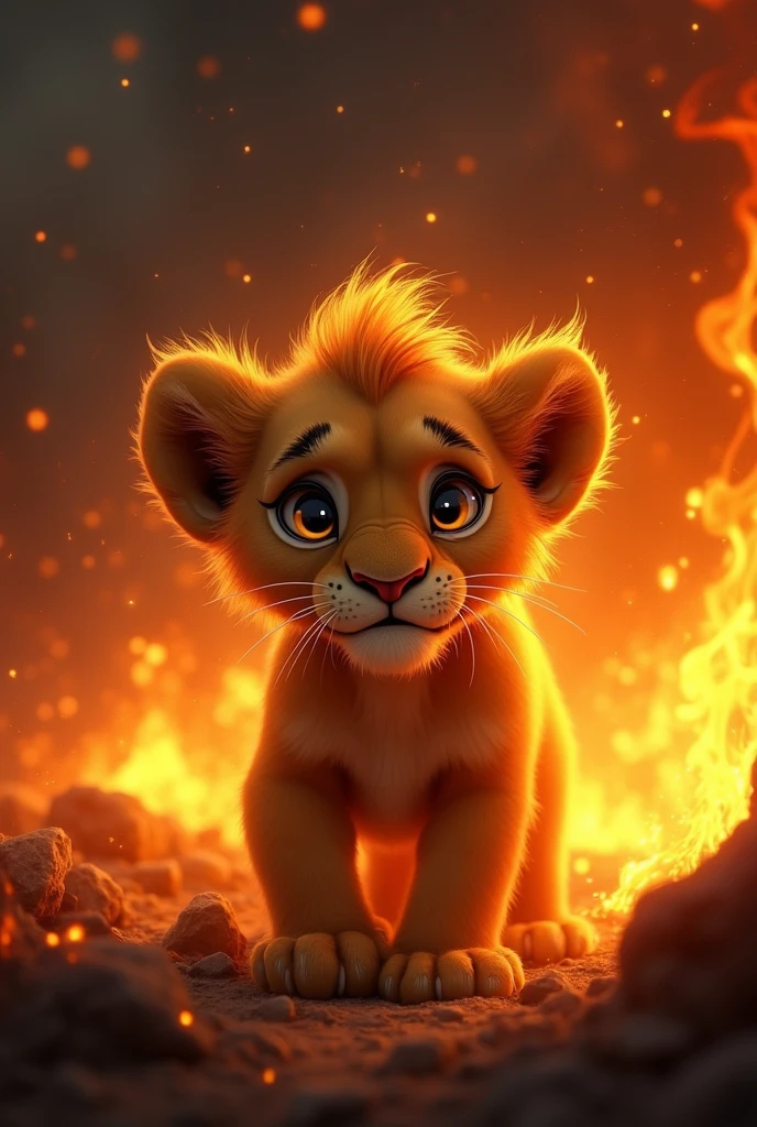 A scared little lion with fire around him, draw a picture of him with a scared look