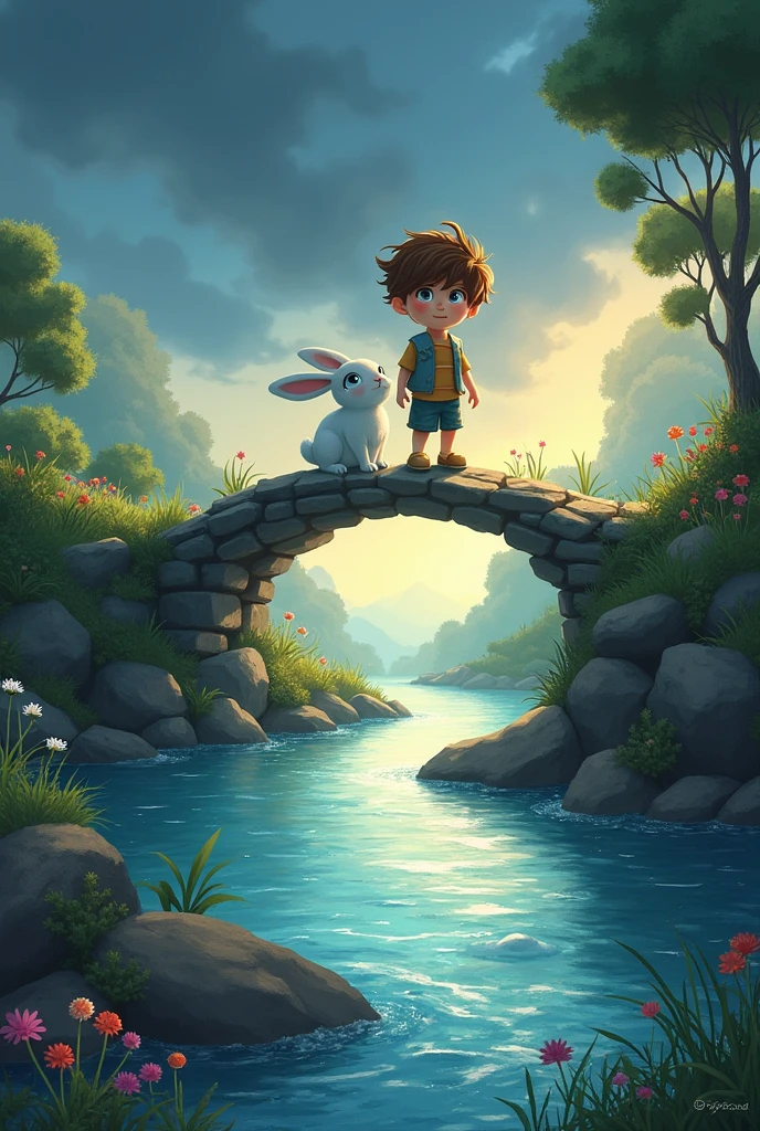 create a cover for an ebook with the following information:
Chapter 3: The River of Doubts Image: Lucas and the rabbit Bilu on the banks of the River of Doubts. The river is wide and its waters have a shimmering silvery hue.. There is a makeshift bridge made of stones and branches, and Lucas is about to cross it while Bilu watches with an expression of encouragement.
