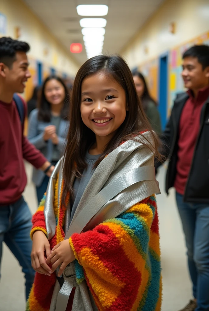 Create a girl named Huynh in high school, wrapped in blanket and duct tape by friends. Wrapped so tightly that it cannot get out, wrap the blanket tightly around the body, only the head is exposed, covered in blankets and tape, Huynh felt hot and sweaty., Friends took more blankets and wrapped Huynh.