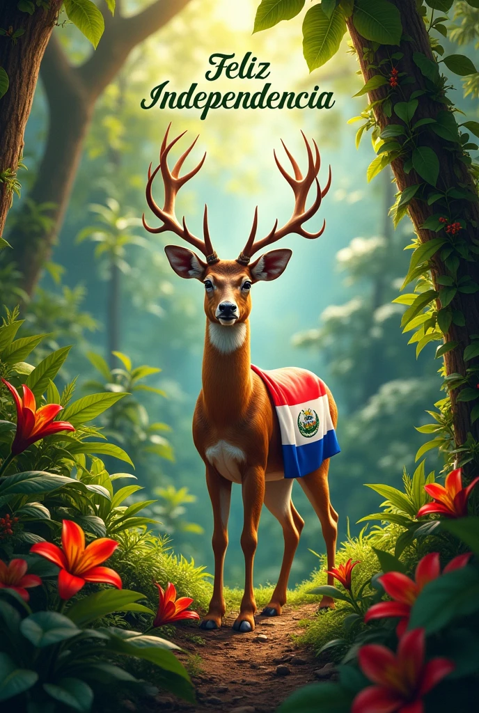 White-tailed deer with Costa Rica flag with Happy Independence text in Spanish