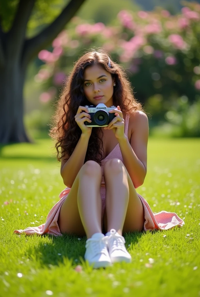A brunette girl with curly hair and big breasts sits with her legs stretched out, taking a realistic photo