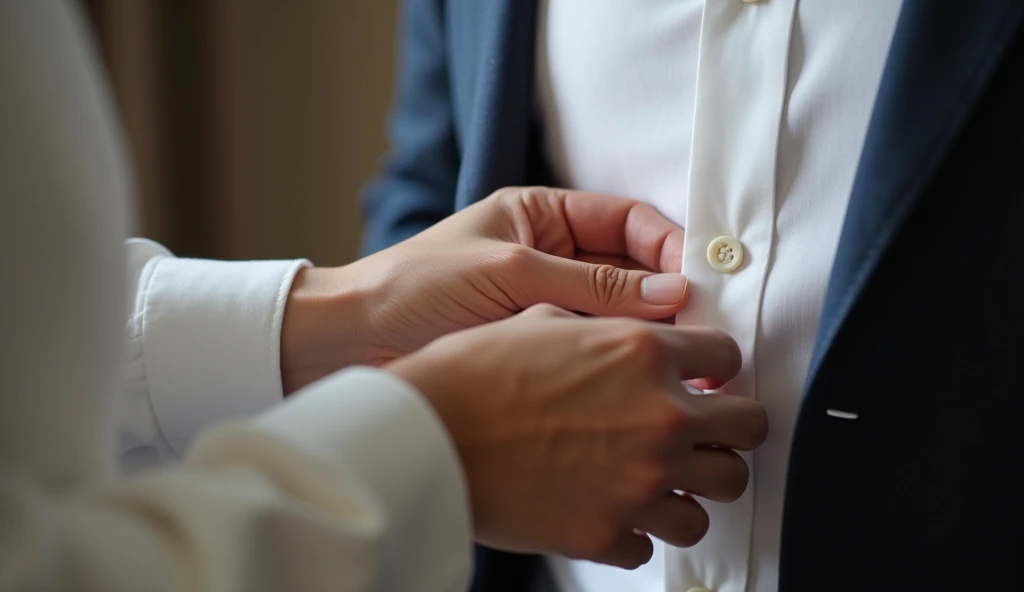 "Close-up of a woman's hands, delicately unbuttoning the white dress shirt of a man. The scene is intimate and focused on her fingers working through the buttons, with soft lighting highlighting the moment. The woman's breath is suggested by the tension in her hands, while no faces or upper bodies are shown, keeping the focus on the hands and the unbuttoning action."