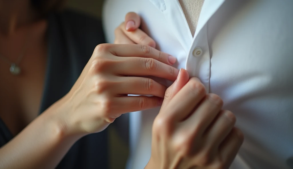 "Close-up of a woman's hands, delicately unbuttoning the white dress shirt of a man. The scene is intimate and focused on her fingers working through the buttons, with soft lighting highlighting the moment. The woman's breath is suggested by the tension in her hands, while no faces or upper bodies are shown, keeping the focus on the hands and the unbuttoning action."