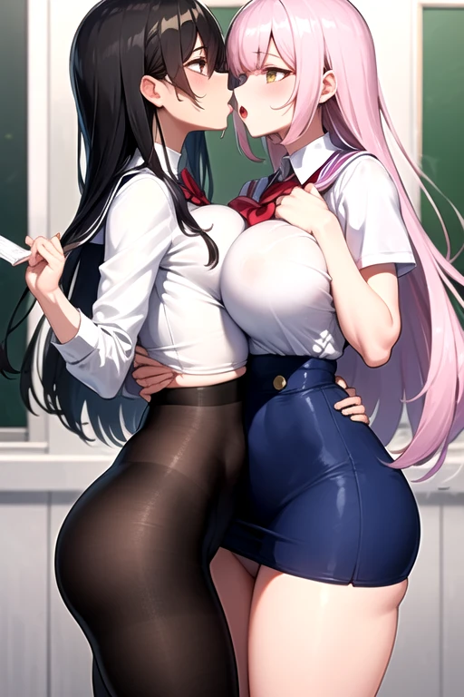 Lesbian (very long loose yellow hair)(big breasts, big thighs)(with school uniform clothes it is very tight) that he is kissing at school with his girlfriend,(big breasts, big thighs)lesbian love