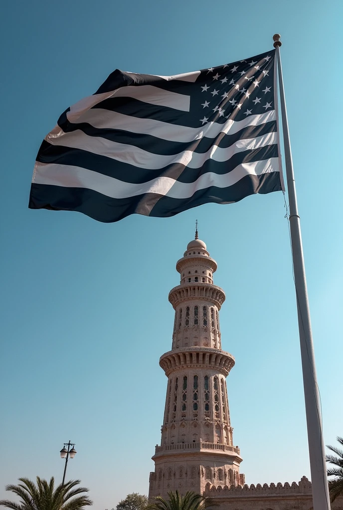 A huge black and white striped flag is flying along with a huge minar