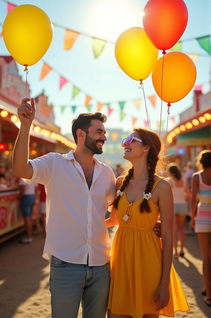 A man and a woman hold balloons at a festival.