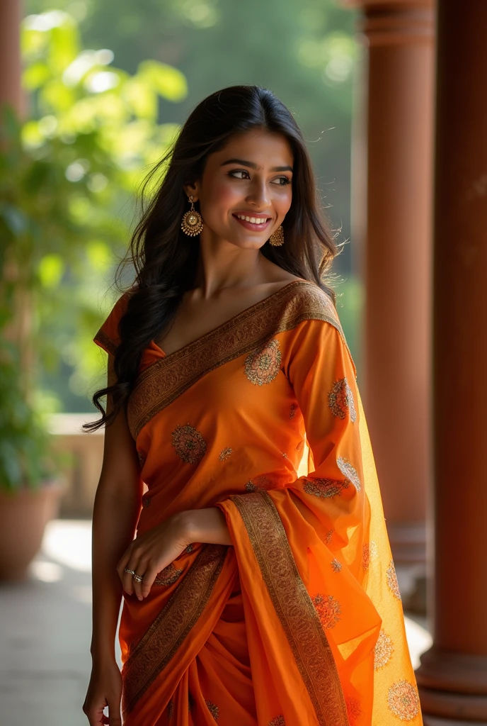 A cute 20 years old indian girl photoshoot , model pose , rough dry face skin , sexy and hot , indian dress saree , full body view 