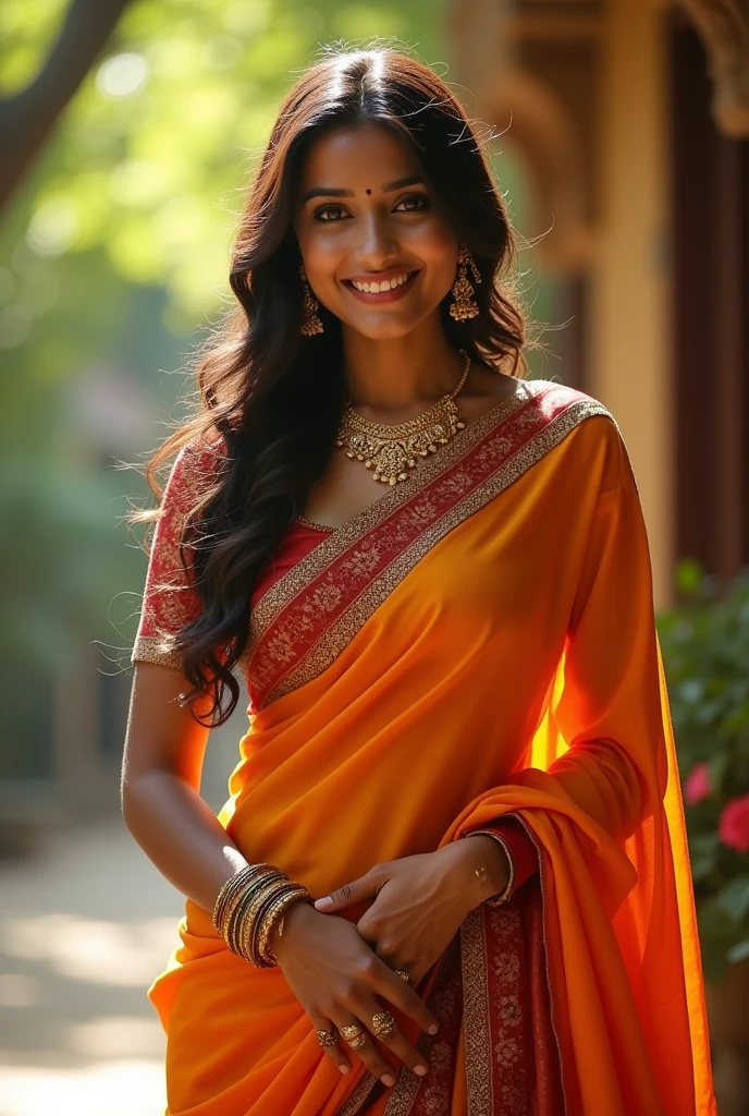 A cute 20 years old indian girl photoshoot , model pose , rough dry face skin , sexy and hot , indian dress saree , full body view 