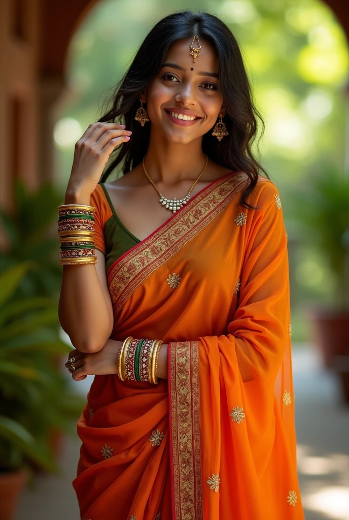 A cute 20 years old indian girl photoshoot , model pose , rough dry face skin , sexy and hot , indian dress saree , full body view 