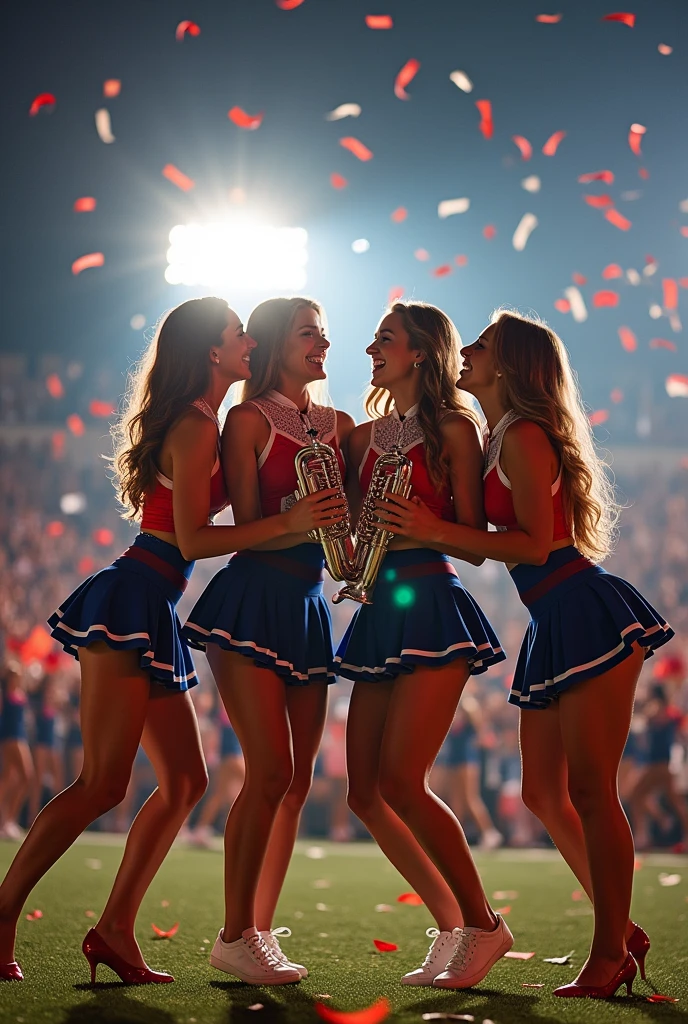 detailed picture of 4 beautiful marching band girls kissing in short skirts showing panties