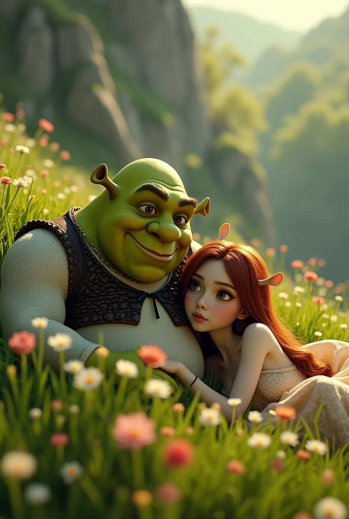 a shrek laying down with a naked big breasted anime girl, beautiful detailed eyes, beautiful detailed lips, extremely detailed eyes and face, long eyelashes, highly detailed, 8k, photorealistic, fantasy, surreal, vibrant colors, dramatic lighting, cinematic