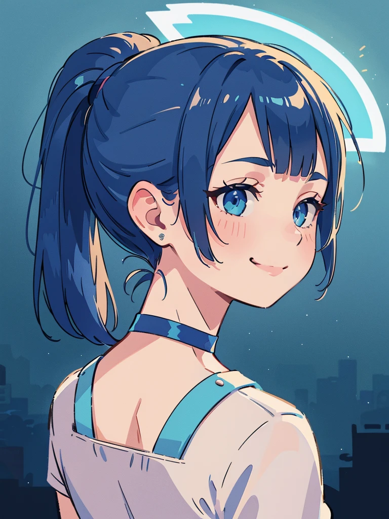 (((solo))), mature woman, High quality, highly detailed, masterpiece, RAW photo, best quality, blue hair, ((ponytail)), (bang), (smirk), cinematic lighting, lush illumination, muted colors, (from behind), (choker), (face only), (close view)