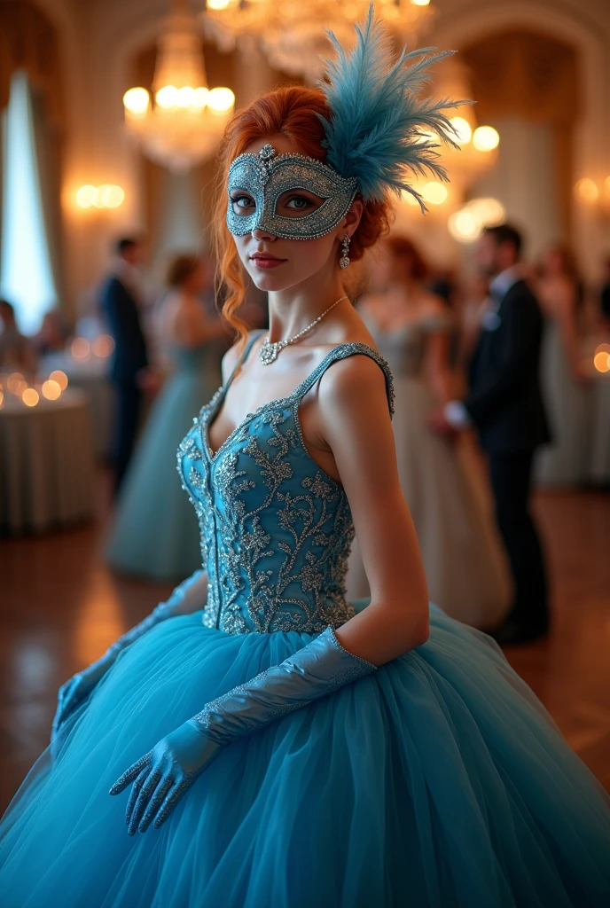 Redhead woman in blue ball gown and mask, fully body