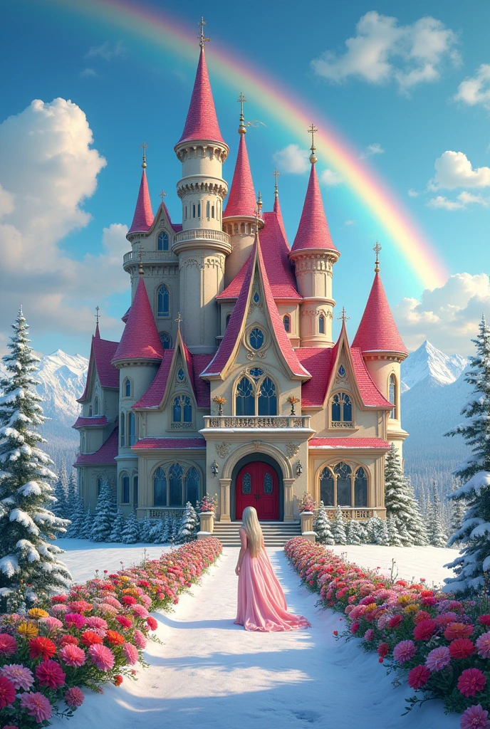 There is a castle in the middle of alaska,big bright beautifully decorated castle, the sky is clear filled with whote clouds and a rainbow, there are little fairy's who are flying,outside the castle there are a garder on flowers between the garden there are a flower road leads to the castle,on the main door a very big beautiful fairy is standing wearing a light pink with long hair,focus on the castle and don't show butterfly wing