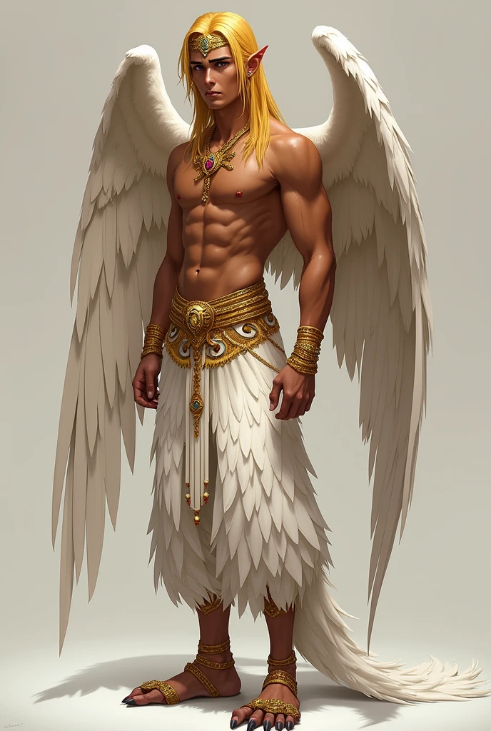 A young man with a slender and athletic build, brown skin, narrow eyes in a purple tone with eyeliner, long straight hair in golden blonde, large wings on his back, and armed raptor-like feet; He wears white feathered pants held up by a golden belt adorned with jewels, golden bracelets on both arms, and a jewel on his forehead.