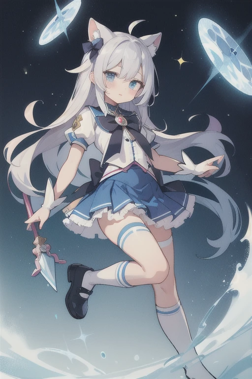 Silver Hair　Magical girl　Tattered　Long Hair　Blue eyes　mini skirt　High Knee Socks　young