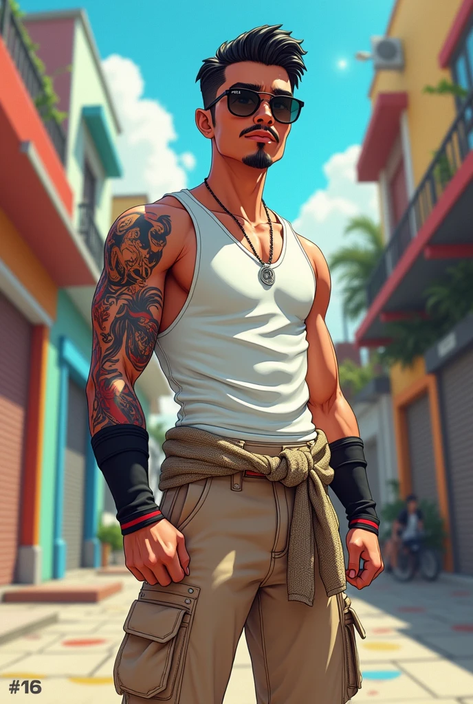 young black man with wavy hair, shaved on the sides, wearing sunglasses. anime styling. regata de basket