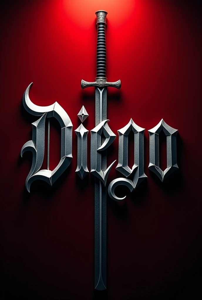 A sign with the name Diego in very large silver gothic letters on a katana and an M13 assault rifle, on a scarlet red to black gradient background