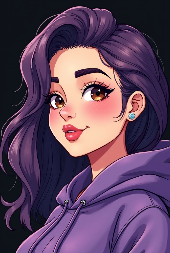 Drawing of a chubby Brazilian woman with white skin, Round face, wavy purple hair on the side of the neck, wearing purple hoodie, light brown eyes, piercing in the septum and above the lips, ear plug, black backdrop.