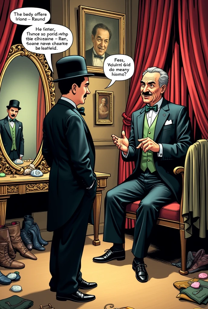 A comic-style vignette of a dressing room where Charles Chaplin meets an old millionaire man offering him a job