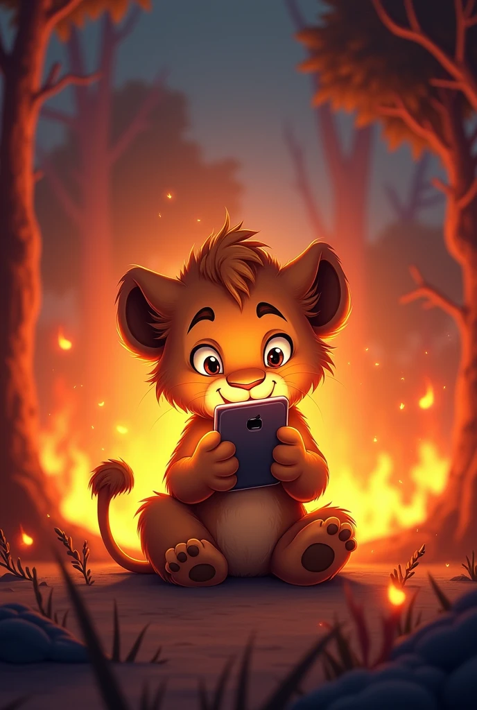A little lion addicted to his cell phone with fire around him but he doesn't even care about the fire and continues on his cell phone
