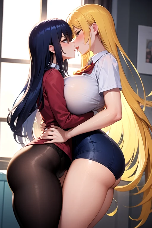 Lesbian (very long loose yellow hair)(big breasts, big thighs)(with school uniform clothes it is very tight) that he is kissing at school with his girlfriend,(big breasts, big thighs)lesbian love