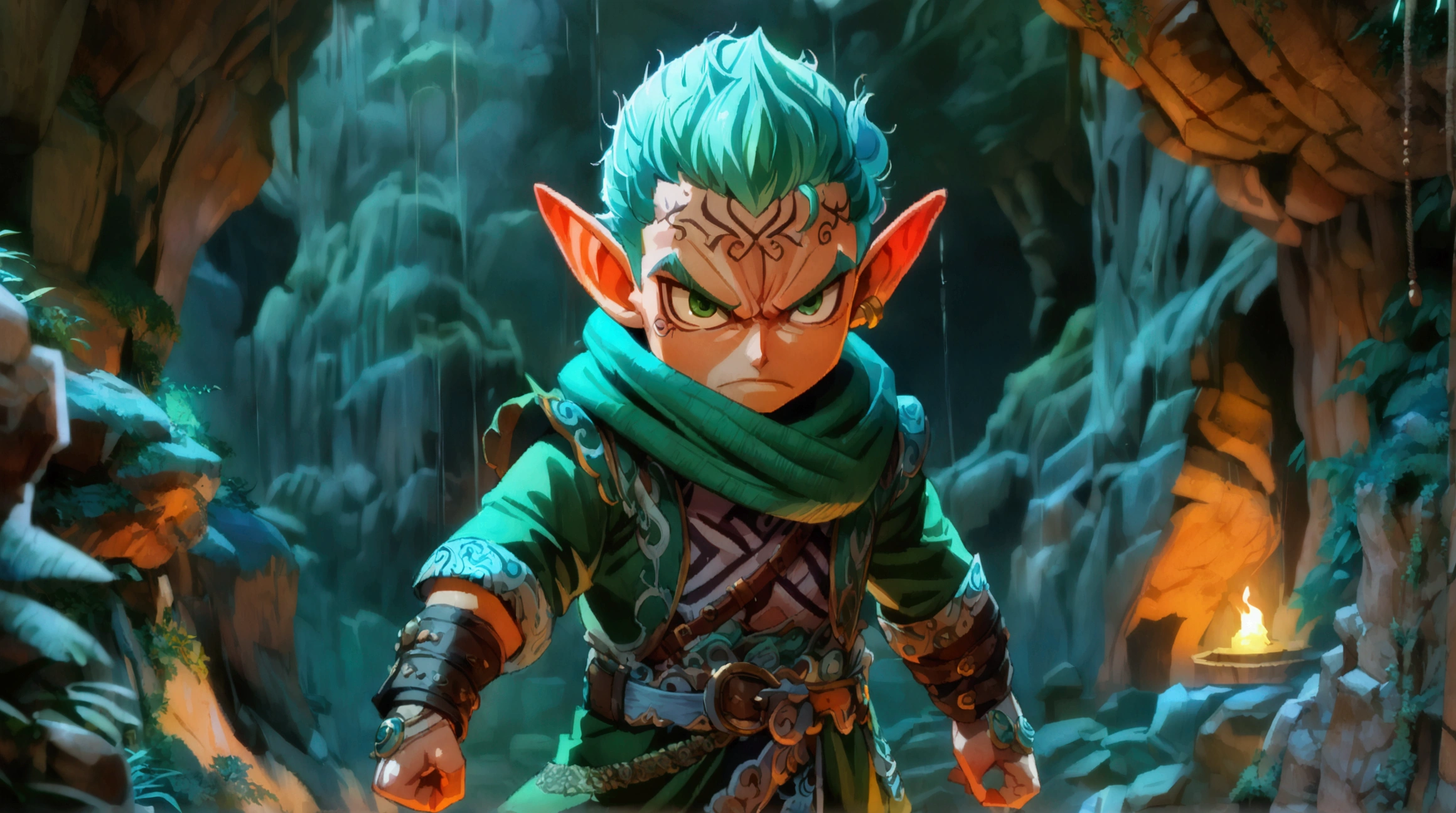 muscular young dwarf, , pointy green hair, pointy ear, green eye, large green robe with high collar, leather belt, angry look, runic tattoos on the body, cave background at night, ((Intricate anime character design inspired by One Piece)), ((Stunning lighting)), ((Fine lines)), ((Stunning focus)), ((Centered character)), ((Stunning face)), ((Detailed focus)), ((Detailed background)), ((Ultra-fine 2D design)), ((Creative scenery)), ((2D masterpiece)), ((Best quality)), ((8K anime style))