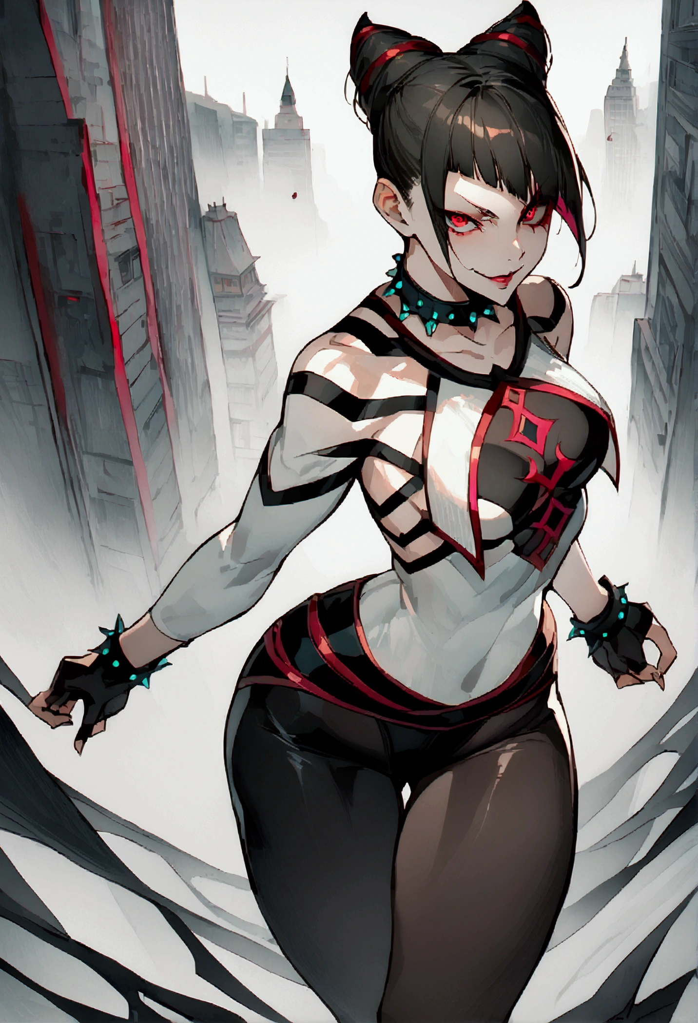 fully body,standing,alone,short hair,work of art,face detailed,young fitness linda,Wearing black pantyhose,tight white sweater with collar ,neckleace,evil smile,red eyes glowing,labiaa,eye shadow,bangs on the eyes,black gloves,background city
