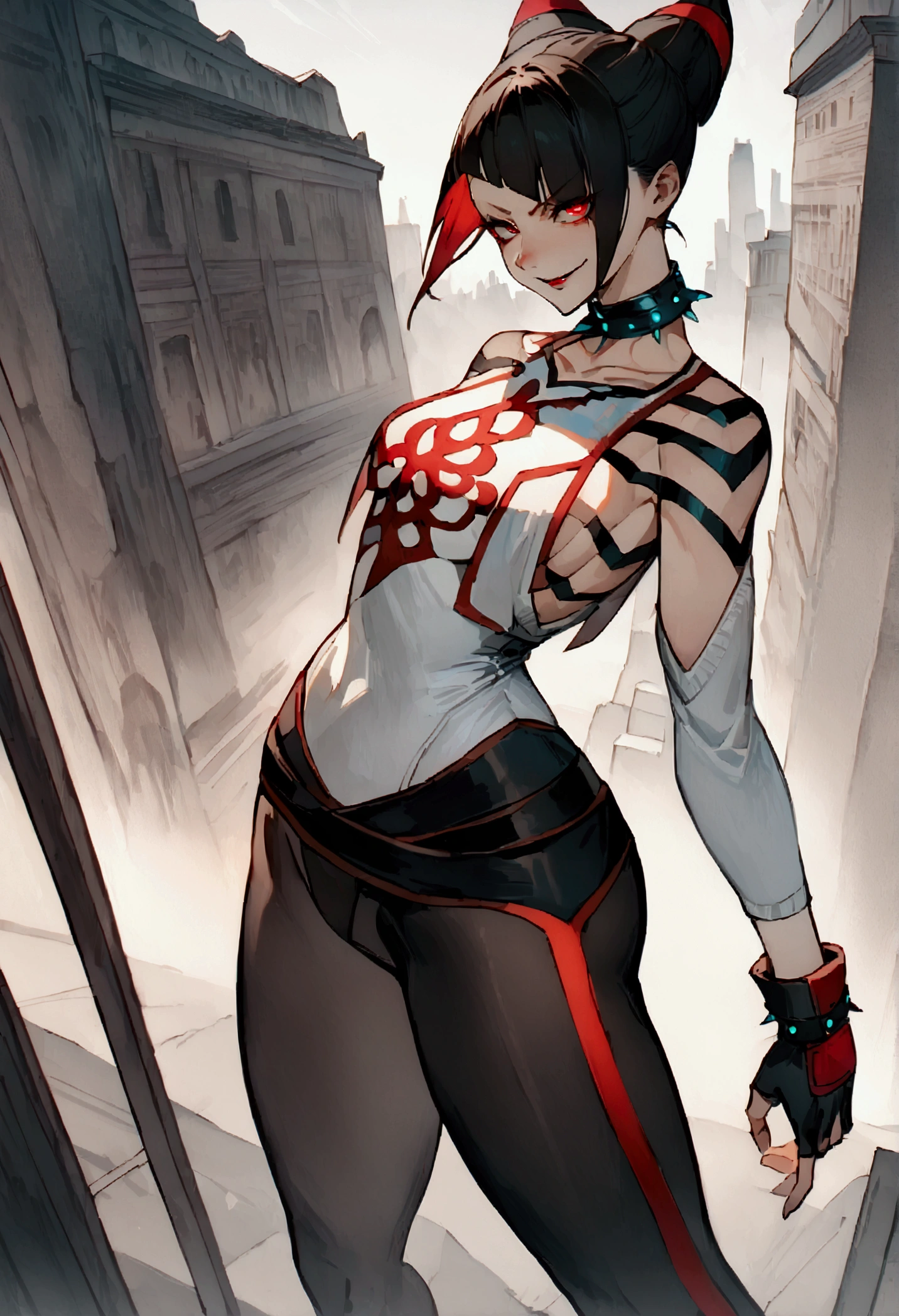 fully body,standing,alone,short hair,work of art,face detailed,young fitness linda,Wearing black pantyhose,tight white sweater with collar ,neckleace,evil smile,red eyes glowing,labiaa,eye shadow,bangs on the eyes,black gloves,background city
