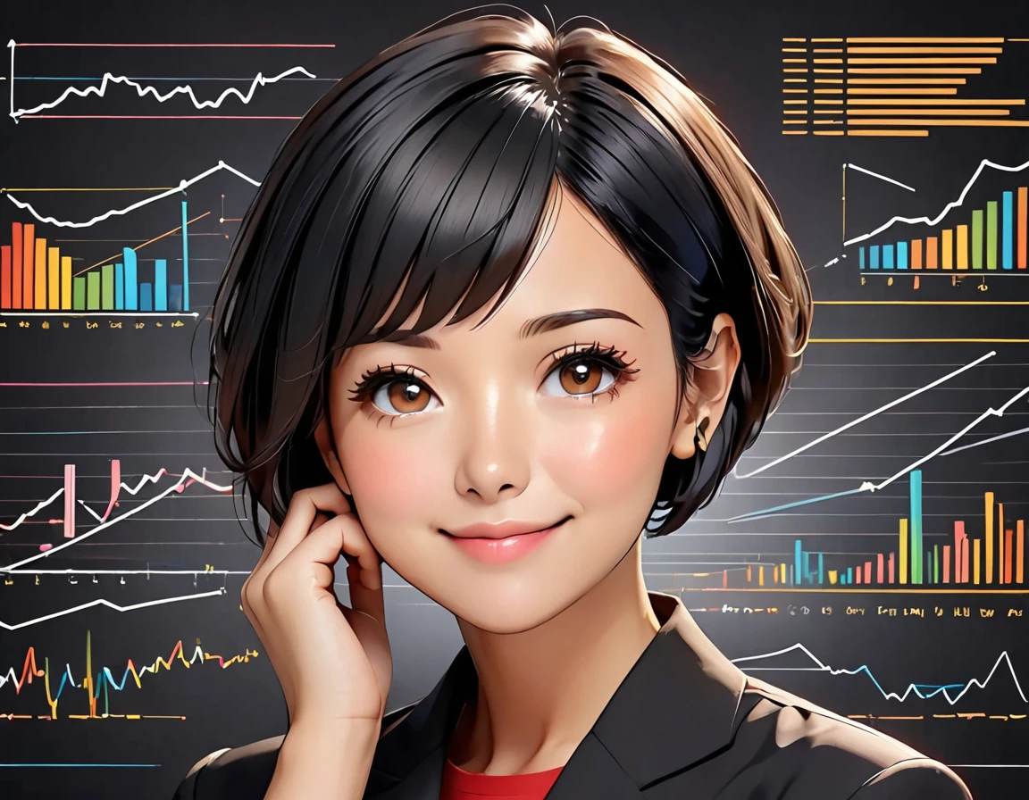 A woman with ((((very short black hair)))), large, rounded brown eyes, with an expression of happiness and accomplishment  in transparent background with bar graphs and line graphs