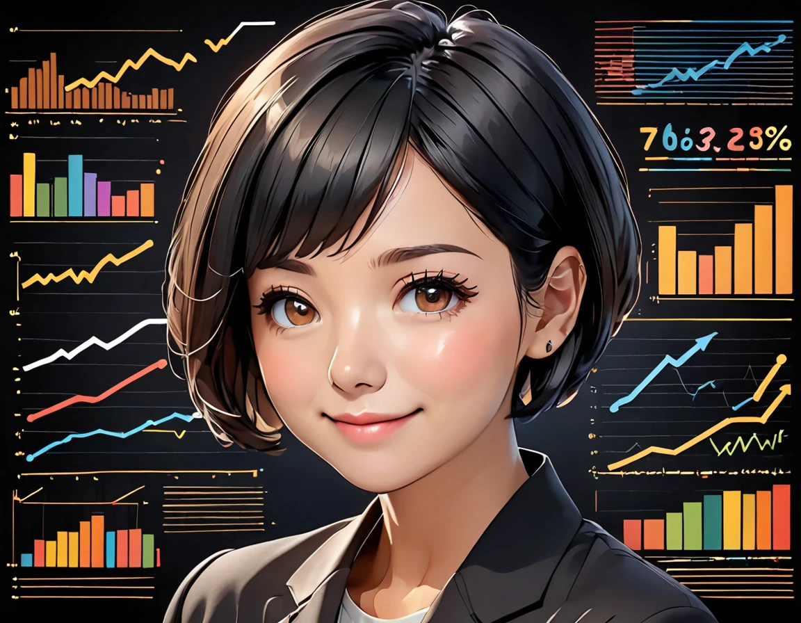 A woman with ((((very short black hair)))), large, rounded brown eyes, with an expression of happiness and accomplishment  in transparent background with bar graphs and line graphs