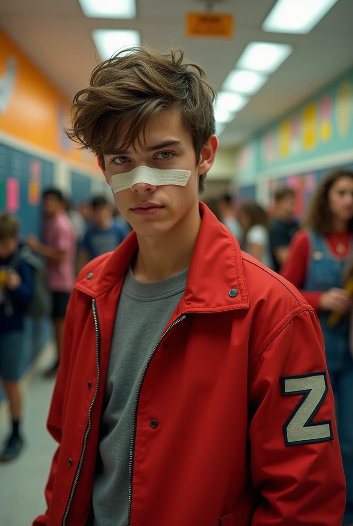 a brown messy hair guy with a red unzipped jacket with the logo Z on his right sleeve, Orange eyes, Grey shirt, Handsome, a ring on his finger,bandage on his nose, school background (Serious expression no sparkles on his eyes)