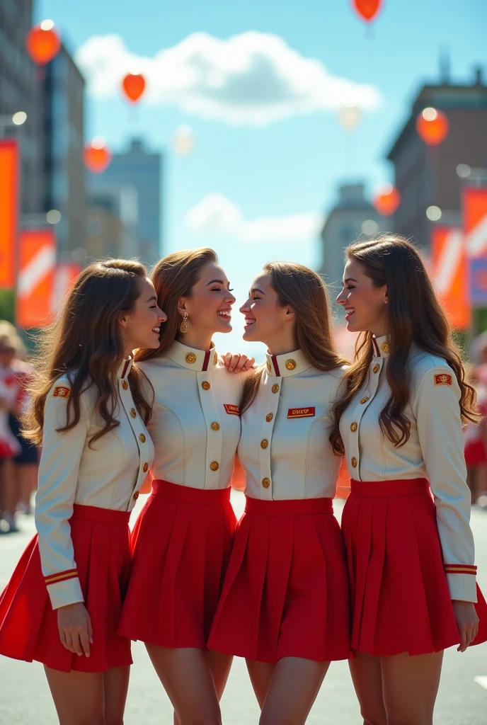 detailed picture of 4 beautiful marching band girls kissing in short skirts showing panties