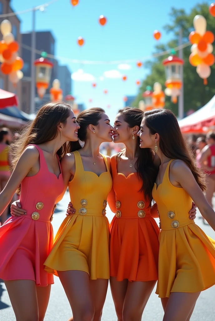 detailed picture of 4 beautiful marching band girls kissing in short skirts showing panties