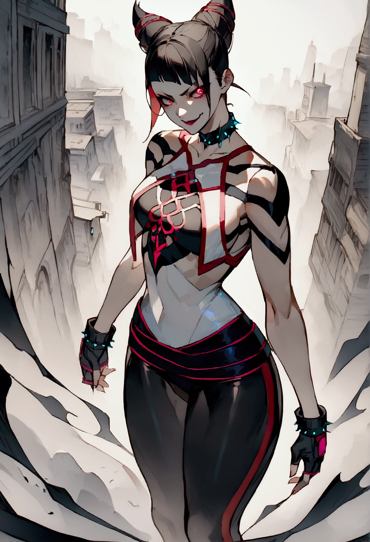 fully body,standing,alone,short hair,work of art,face detailed,young fitness linda,Wearing black pantyhose,tight white sweater with collar ,neckleace,evil smile,red eyes glowing,labiaa,eye shadow,bangs on the eyes,black gloves,background city

