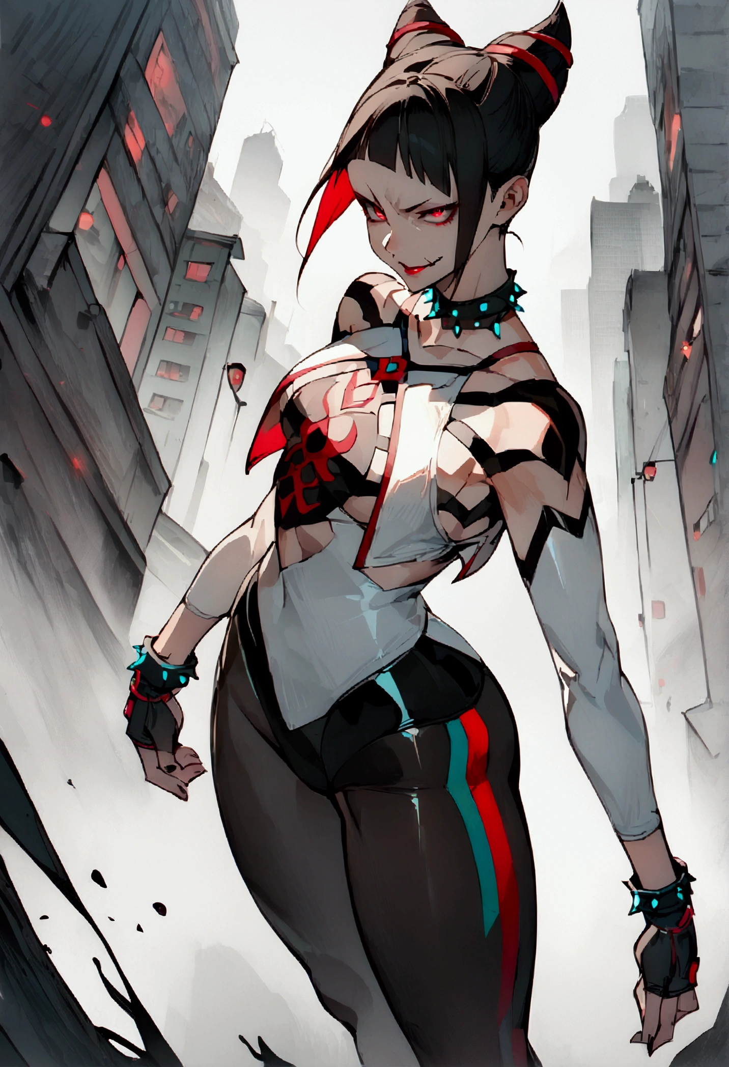 fully body,standing,alone,short hair,work of art,face detailed,young fitness linda,Wearing black pantyhose,tight white sweater with collar ,neckleace,evil smile,red eyes glowing,labiaa,eye shadow,bangs on the eyes,black gloves,background city

