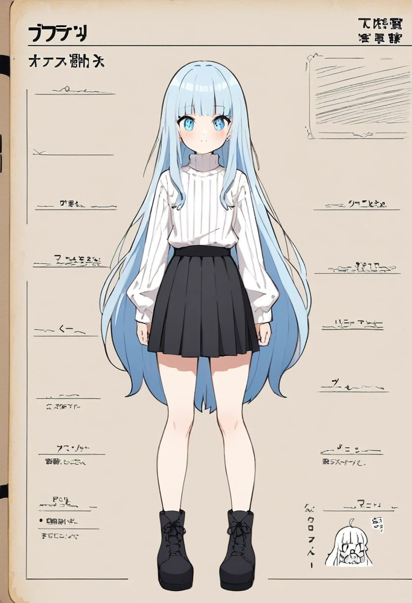 estilo de desenho animado:1.2),, cute face, big eyes, ,,(((( light blue long hair)))), affectionate smile, (true beautiful:1.2),,(tiny 1girl model:1.2),)(flat chest),,beautiful detailed eyes,blunt bangs((((little delicate girl)))),, 1 girl ,(((( light blue long hair)))), ((highest quality)), ((masterpiece)), (be familiar with), perfect face、girl、pencil、anime style、Flaxen Turtleneck Sweater、skirt、whole body、draft、monochrome、rough、、 doodle drawing. (Pencil_Sketch, messy lines, , traditional media, sketch), 1girl, solo, long hair, simple background, upper body, looking up、Line art 、(character design sheet, same character, front, side, back),cute girl, different angles, character sheet, illustration, expressions, line art、2 d anime style, anime moe art style, cute art style, Anime-style illustration, anime girl, in Pixiv, pixiv style, pixiv, in anime style, anime art style, Full Body Commission, 1girl, ctcas, Cowboy shot, Character Reference Sheet, The same character, full bodyesbian, Full of Details,(Character Sheet:1.2),full - body