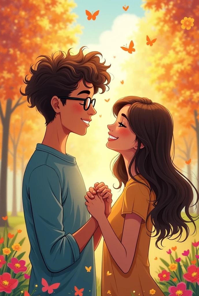 Cute drawing of a couple in love. The man has curly hair and glasses., the woman with straight hair