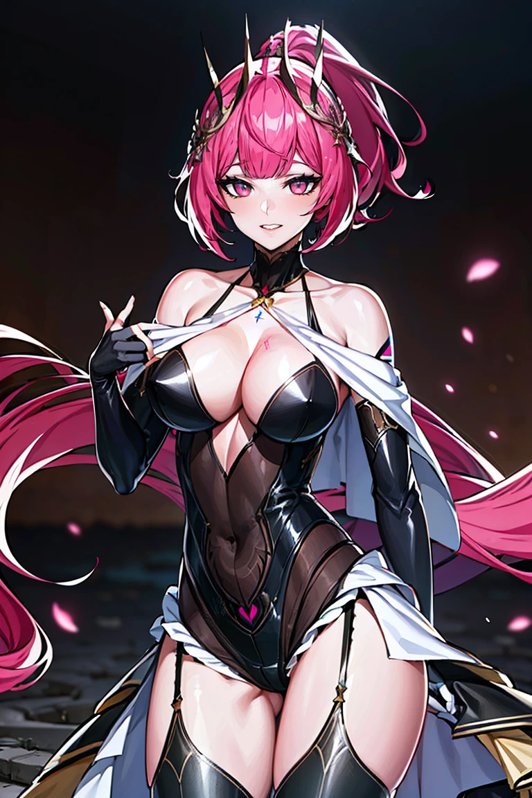 Smooth and Flawless Skin, Expressive and Captivating Eyes, Well-Defined Facial Features, Radiant and Healthy Glow, Perfectly Proportioned Face, Graceful and Symmetrical Features, Fine Details and Realistic Texture, cute face, absurdres, vivid color, beautiful portrait of cute anime girls, anime best girl, anime screencap, anime style, finely detailed, insanely detailed, exquisite, fantastic, amazing quality, top quality, professional quality, high quality, finely quality, official art, production art, super detailed skin, clear eyes, light eyes, light image, gleaming skin, oil skin, shiny skin, accurate face parts, cinematic, extremely detailed beautiful face and eyes, fair skin, 16k, 32k, 16k portrait, 32k portrait, masterpiece, Highest quality, ultra Detailed beautiful face and eyes, Detailed eyes, High resolution, beautiful, super fine illustration, extremely detailed unity cg 8k wallpaper, fearless face, perfect eyes, deep detailed eyes, perfect face, low ponytail, pink hair, hair ornament, pink eyes, leotard, zipper, white showgirl skirt, bare shoulder, thighighs, thigh high boots, bare thighs, cleavage, cleavage cutout, adult face, elbow gloves, garter belt, garter straps, (((collarbone tattoo, chest tattoo))), hair between eyes, evil grin, perfect hands, perfect fingers, five finger, four finger and one thumb, skin tight, straight bangs, beautiful hair, very long skirt, perfect anatomy, perfect female body, perfect proportion, fingerless gloves, bare fingers gloves, extremely ultra detailed beautiful hands and fingers, one back hair, perfect hair, cowboy shot, long ponytail, one connected ponytail, cloth, full face blush,