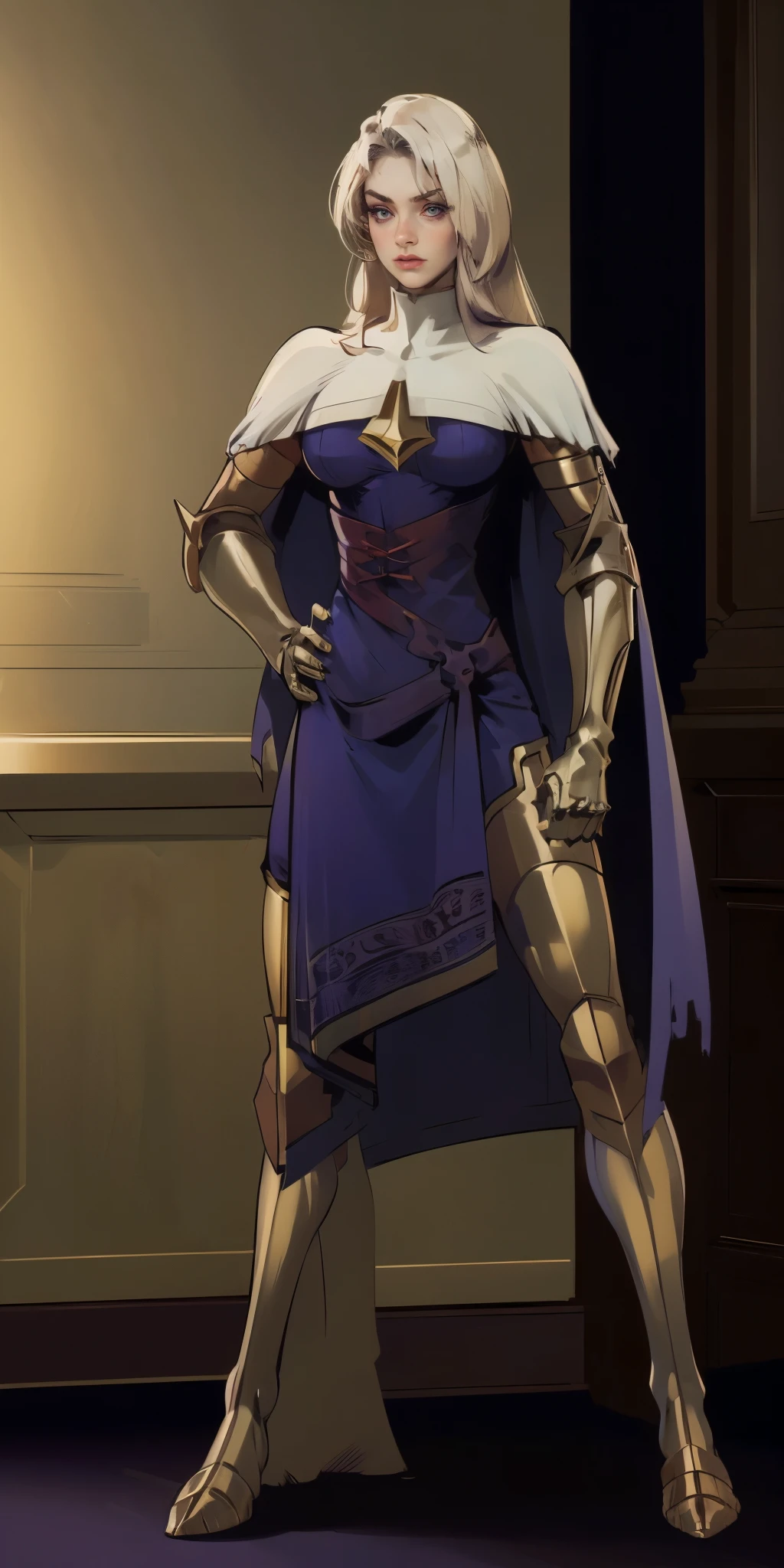 masterpiece, best quality, high quality, pale hair, red eyes, purple skin, deep blue cape with golden ornaments (1solofemale full body standing straight symmetrical, hands on hips)