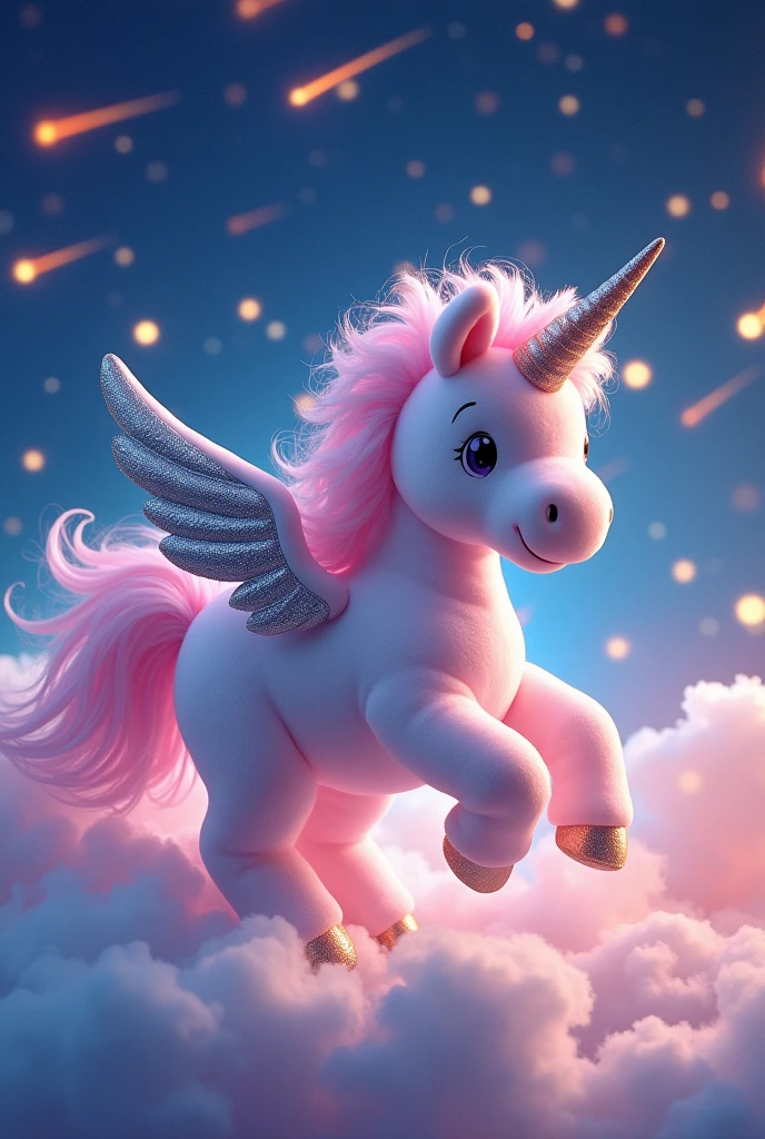 A unicorn plush neighing with wings and flying through the sky through a meteor shower