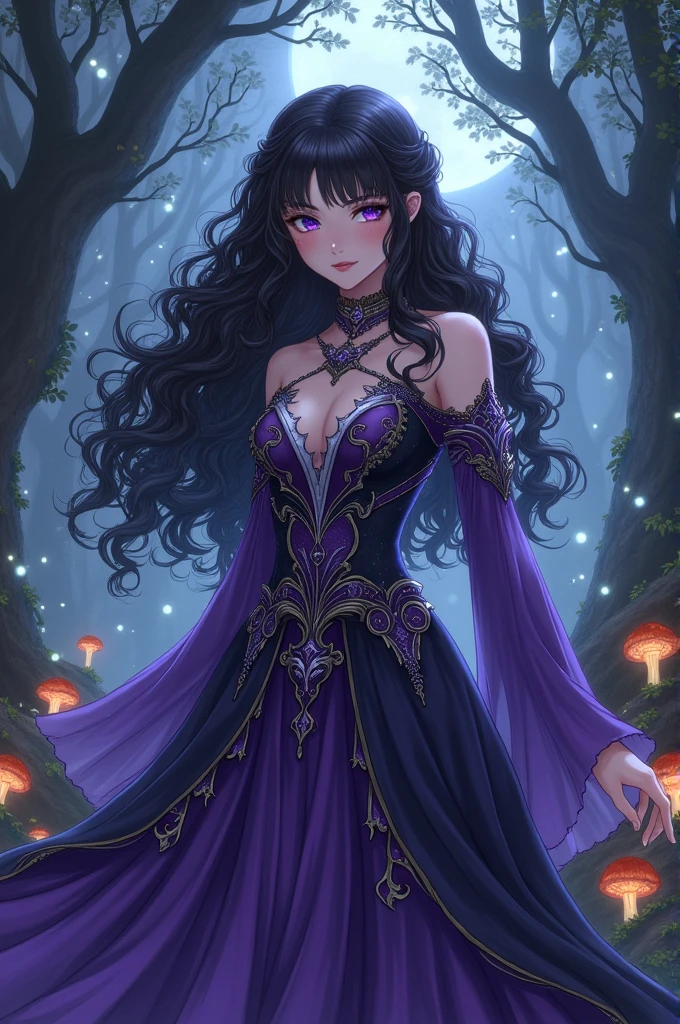 Girl with black curly hair anime style with dark fantasy